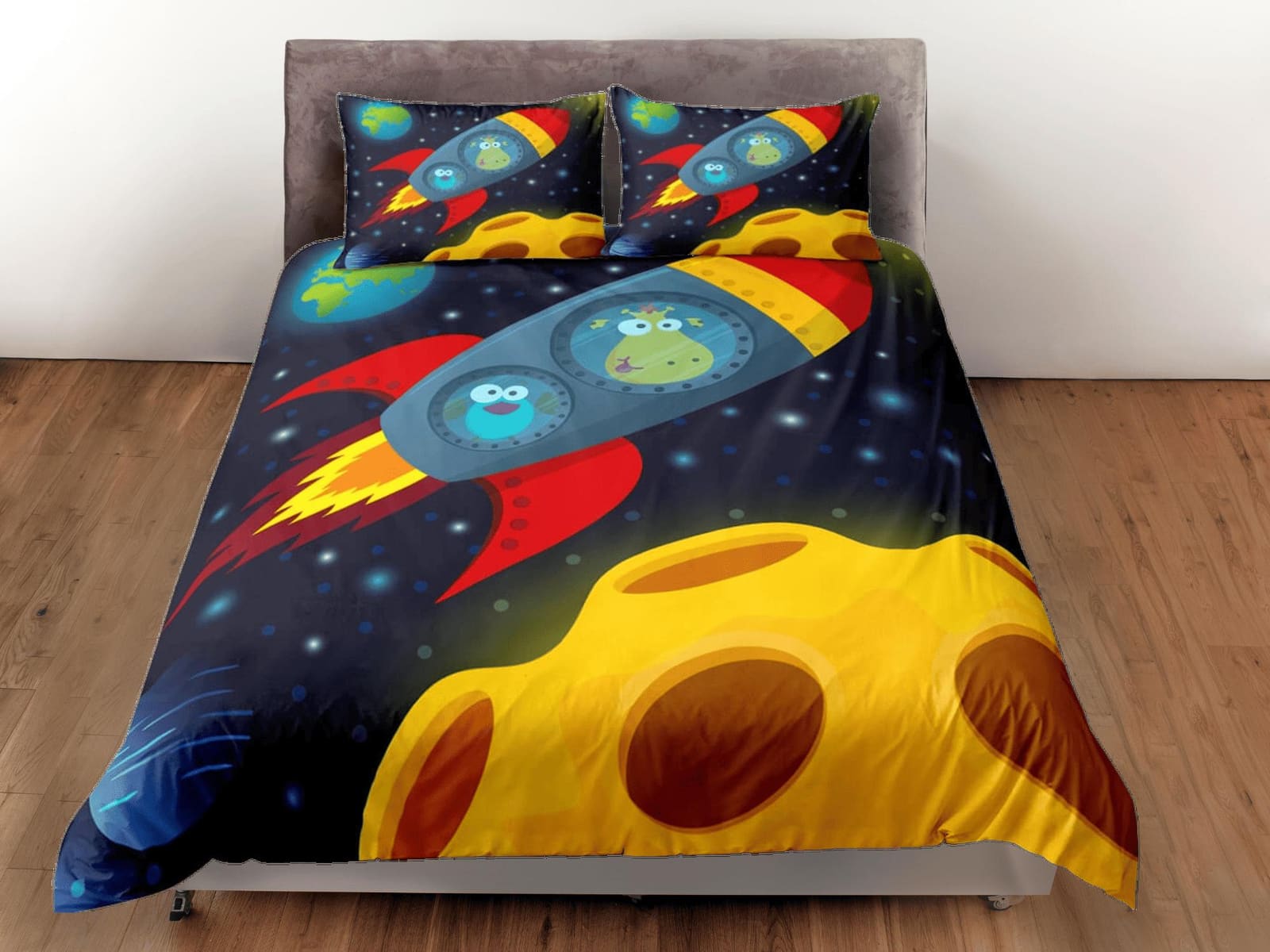 Cute animals in spaceship duvet cover set for kids, galaxy bedding set full, king, queen, astronomy dorm bedding, toddler…