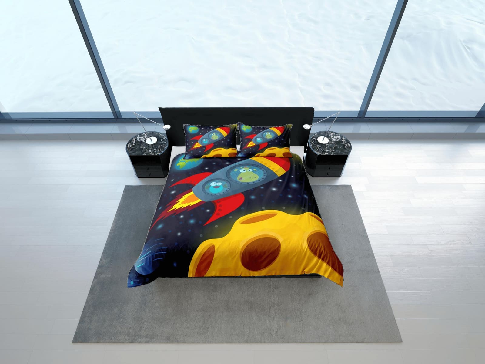 Cute animals in spaceship duvet cover set for kids, galaxy bedding set full, king, queen, astronomy dorm bedding, toddler…