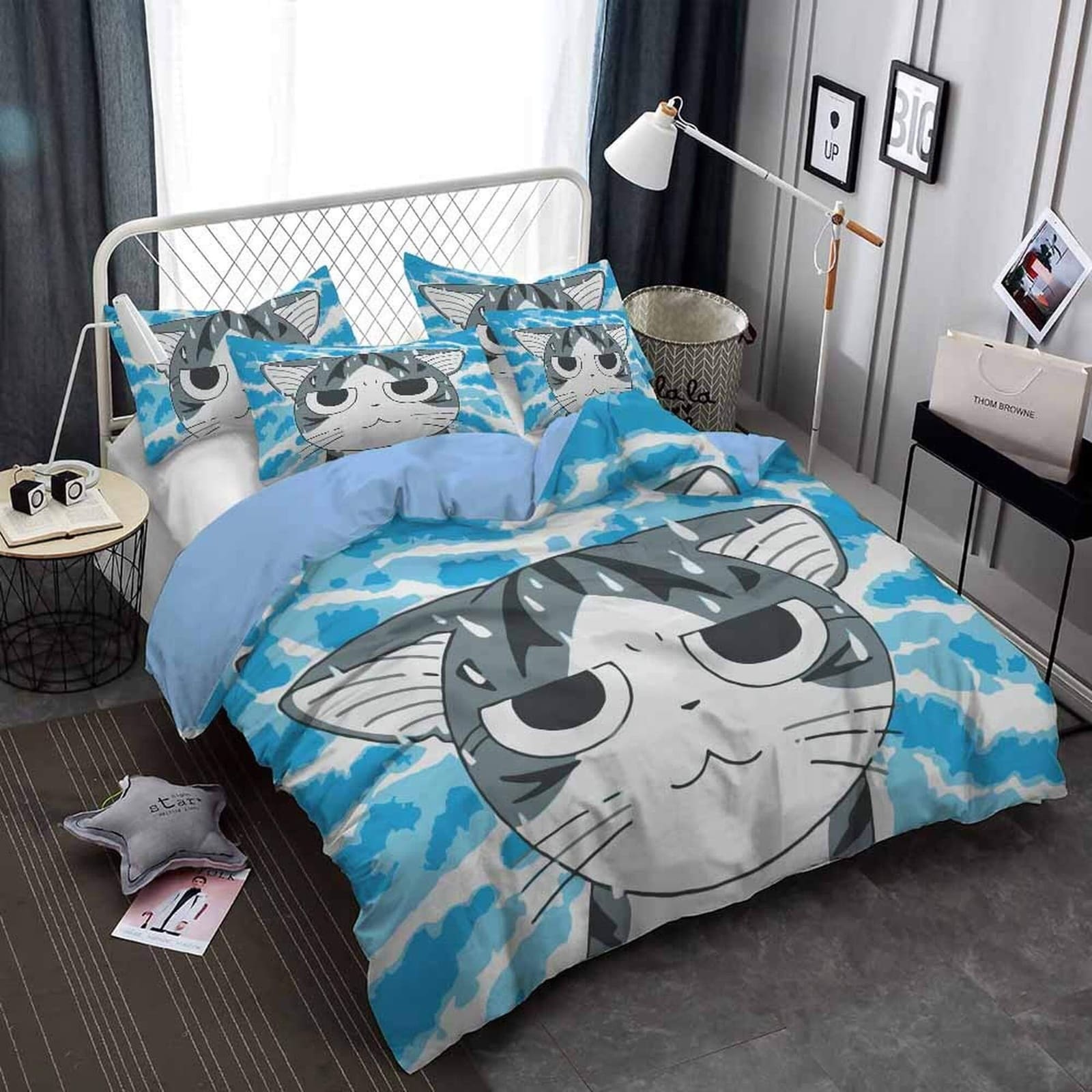 Cute anime cat bedding, toddler bedding, kids duvet cover set, gift for cat lovers, baby bedding, baby shower gift, blue b…