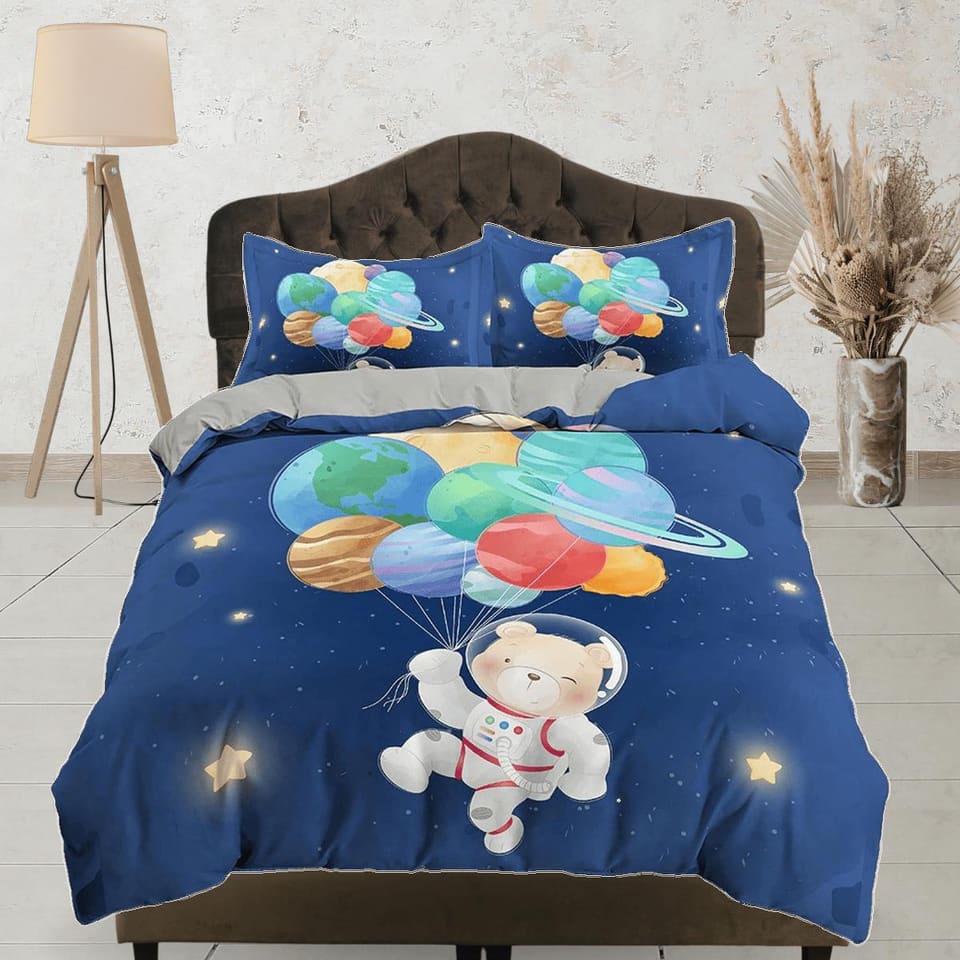 Cute bear astronaut with planets balloon, blue toddler bedding, duvet cover kids, crib bedding, baby zipper bedding, king…