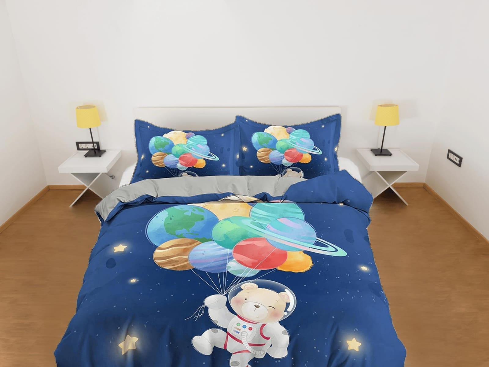 Cute bear astronaut with planets balloon, blue toddler bedding, duvet cover kids, crib bedding, baby zipper bedding, king…