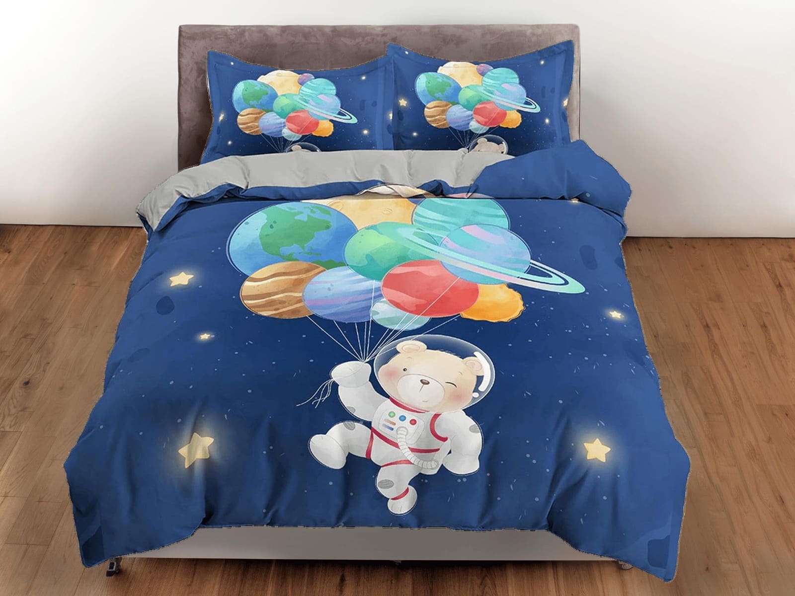 Cute bear astronaut with planets balloon, blue toddler bedding, duvet cover kids, crib bedding, baby zipper bedding, king…