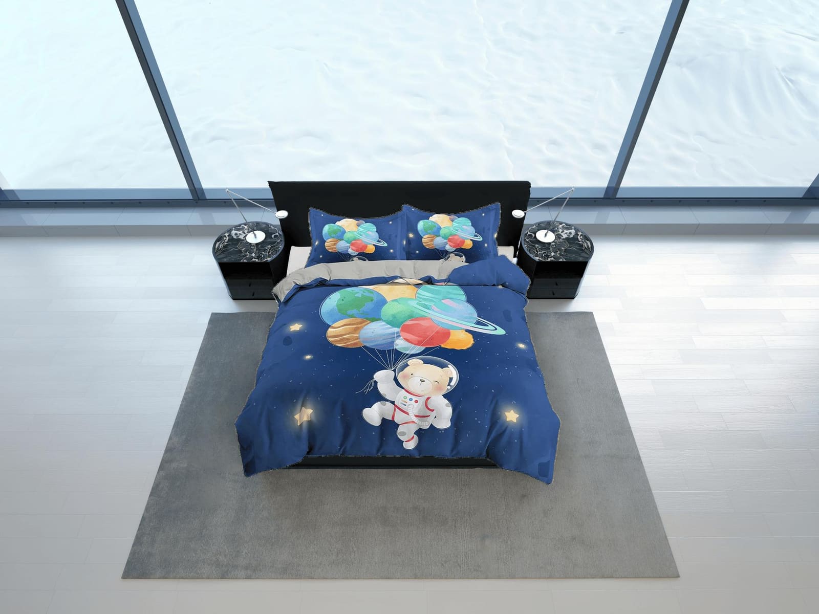 Cute bear astronaut with planets balloon, blue toddler bedding, duvet cover kids, crib bedding, baby zipper bedding, king…