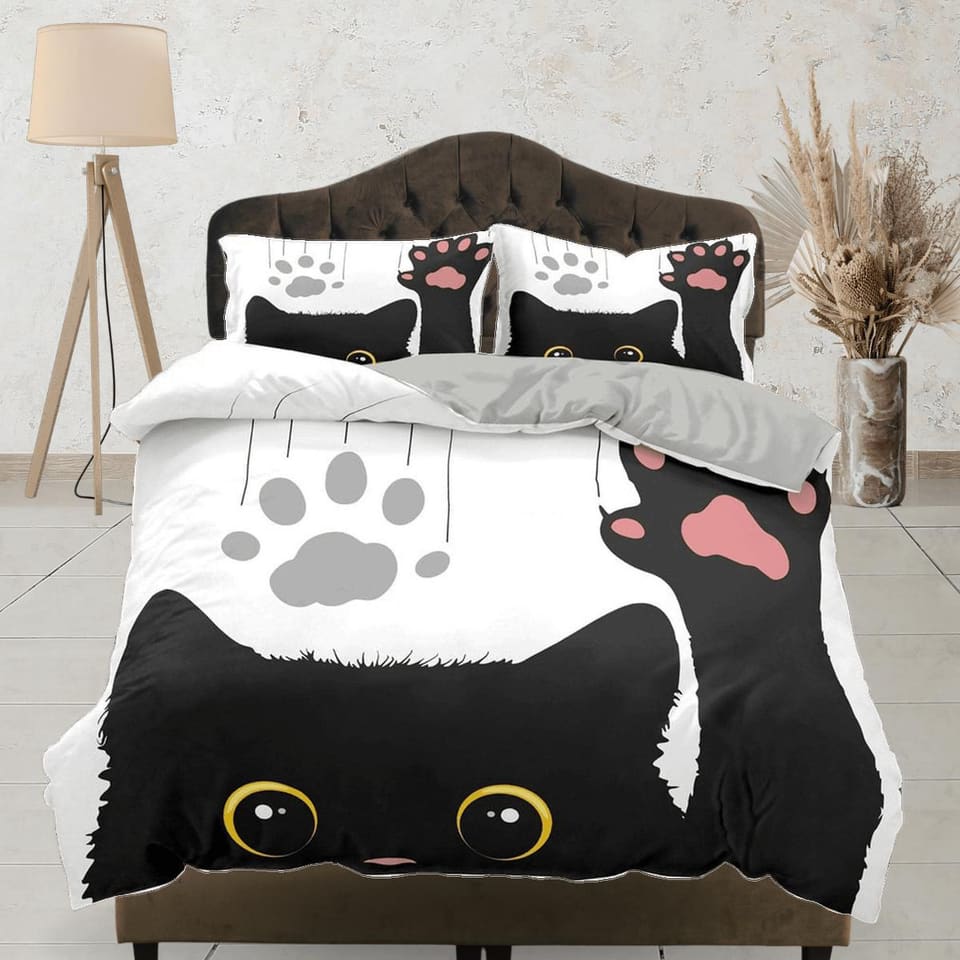 Cute black cat bedding, toddler bedding, kids duvet cover set, gift for cat lovers, baby bedding, baby shower gift, waving…