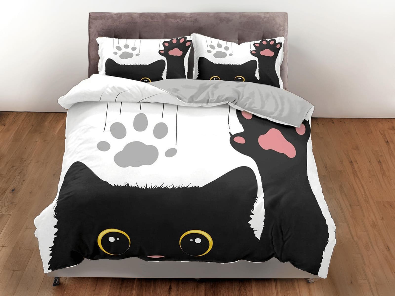 Cute black cat bedding, toddler bedding, kids duvet cover set, gift for cat lovers, baby bedding, baby shower gift, waving…