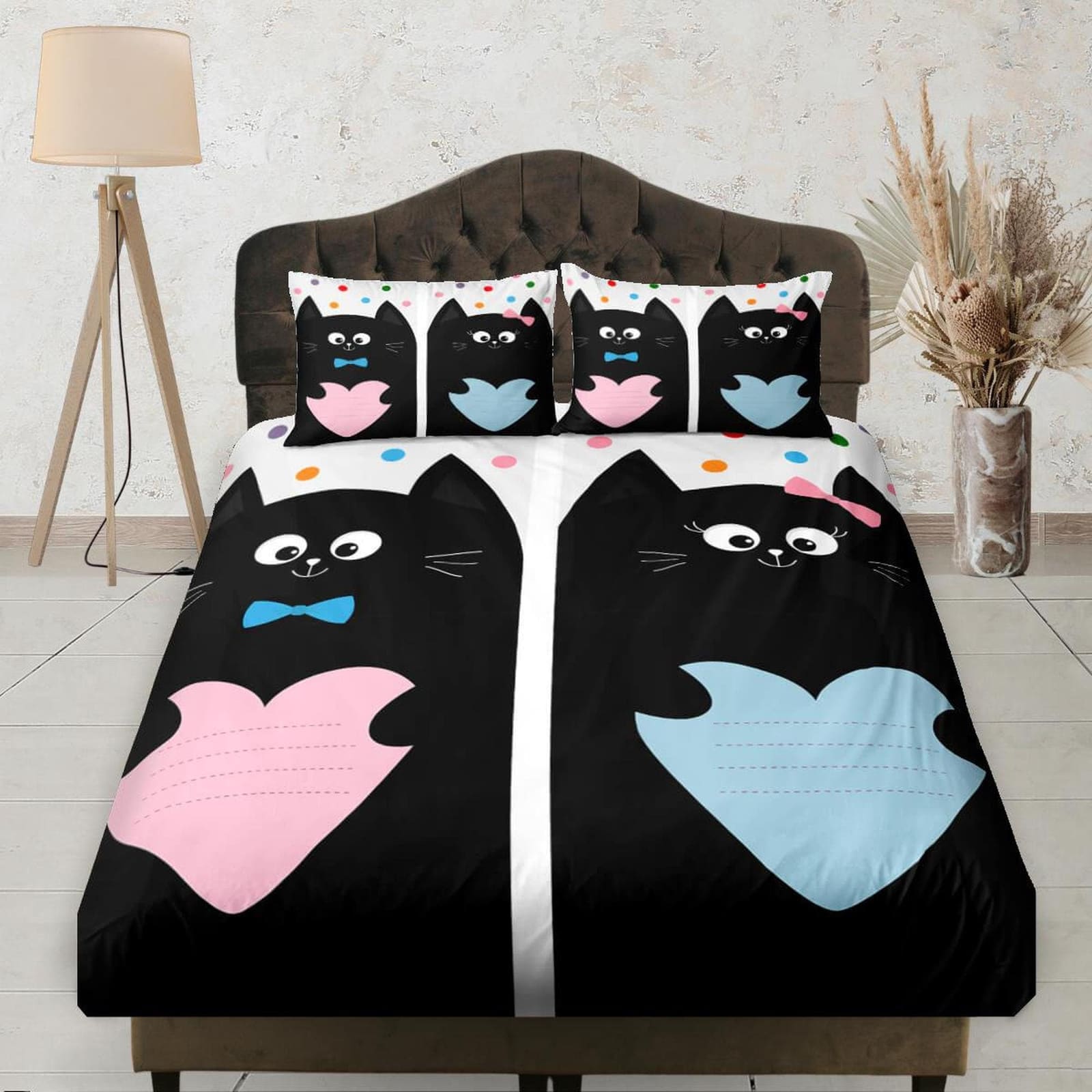 Cute Black Cats Holding Pink and Blue Hearts Fitted Sheet Deep Pocket, Baby Bedding Set Full, Elastic Bedsheet, Dorm Beddi…