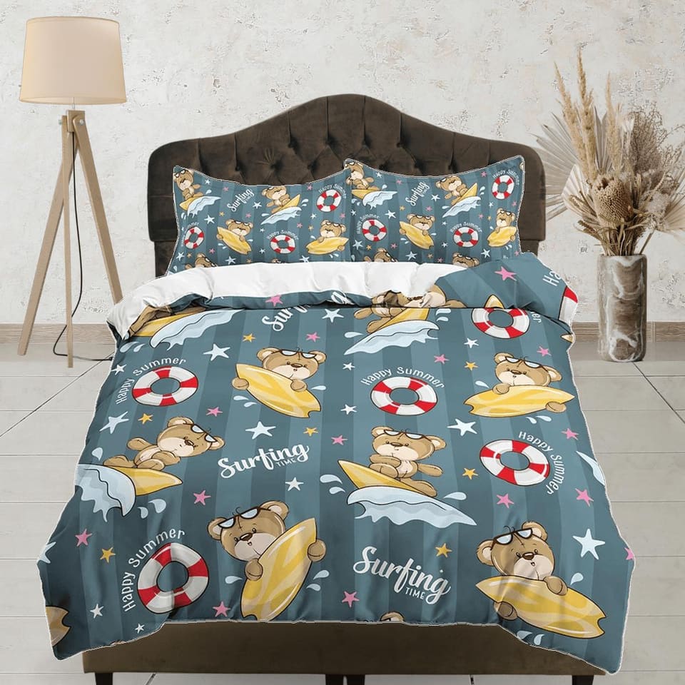 Cute brown teddy bear surfing toddler bedding, unique duvet cover, crib bedding with pillowcase, baby zipper bedding, king…