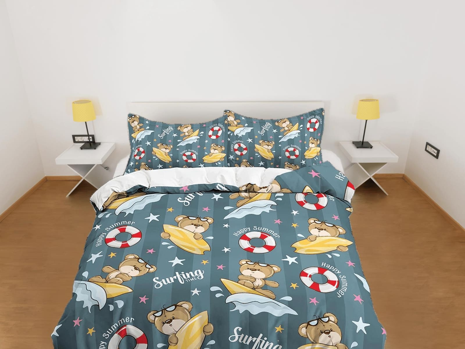 Cute brown teddy bear surfing toddler bedding, unique duvet cover, crib bedding with pillowcase, baby zipper bedding, king…