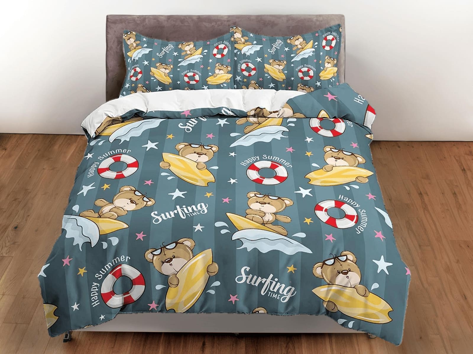Cute brown teddy bear surfing toddler bedding, unique duvet cover, crib bedding with pillowcase, baby zipper bedding, king…