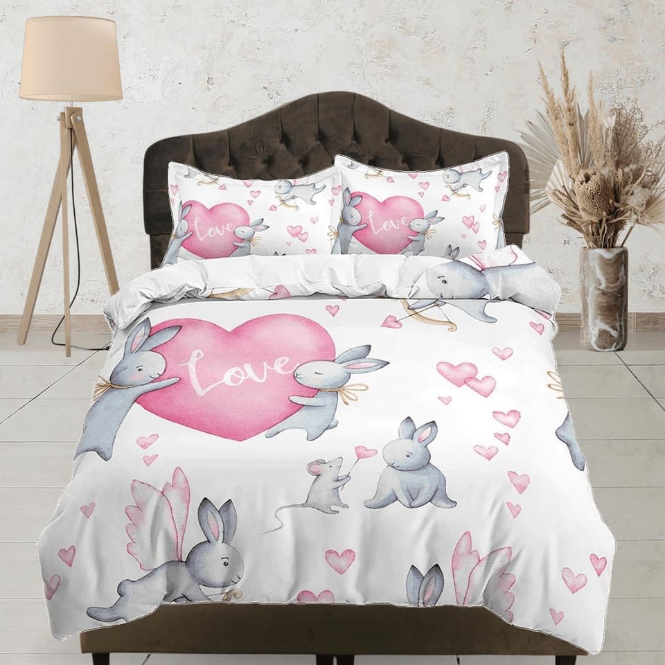 Cute Bunny and Hearts Bedding, Duvet Cover Set & Pillowcase, Zipper Bedding, Dorm Bedding, Teens Adult Duvet King Queen Fu…