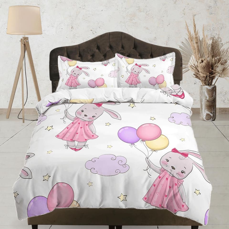 Cute Bunny with Balloons Bedding, Duvet Cover Set & Pillowcase, Zipper Bedding, Dorm Bedding, Teens Adult Duvet King Queen…