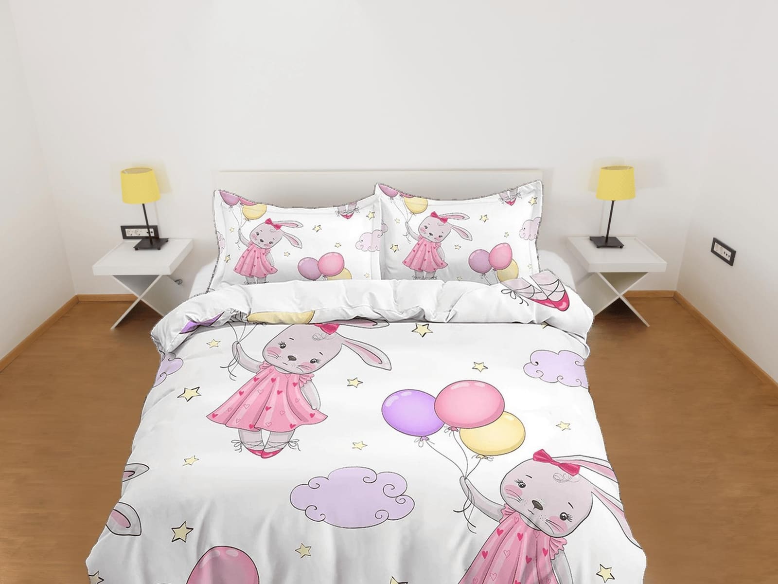 Cute Bunny with Balloons Bedding, Duvet Cover Set & Pillowcase, Zipper Bedding, Dorm Bedding, Teens Adult Duvet King Queen…