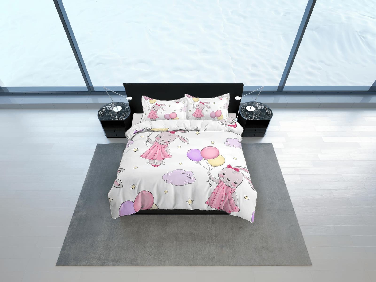 Cute Bunny with Balloons Bedding, Duvet Cover Set & Pillowcase, Zipper Bedding, Dorm Bedding, Teens Adult Duvet King Queen…