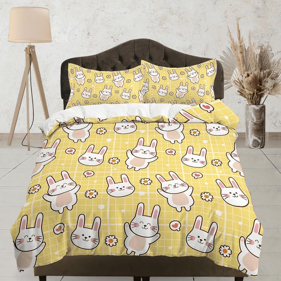 Cute Bunny Yellow Toddler Bedding, Unique Duvet Cover for Nursery Kids, Crib Bedding & Pillowcase, Baby Zipper Bedding, Ki…