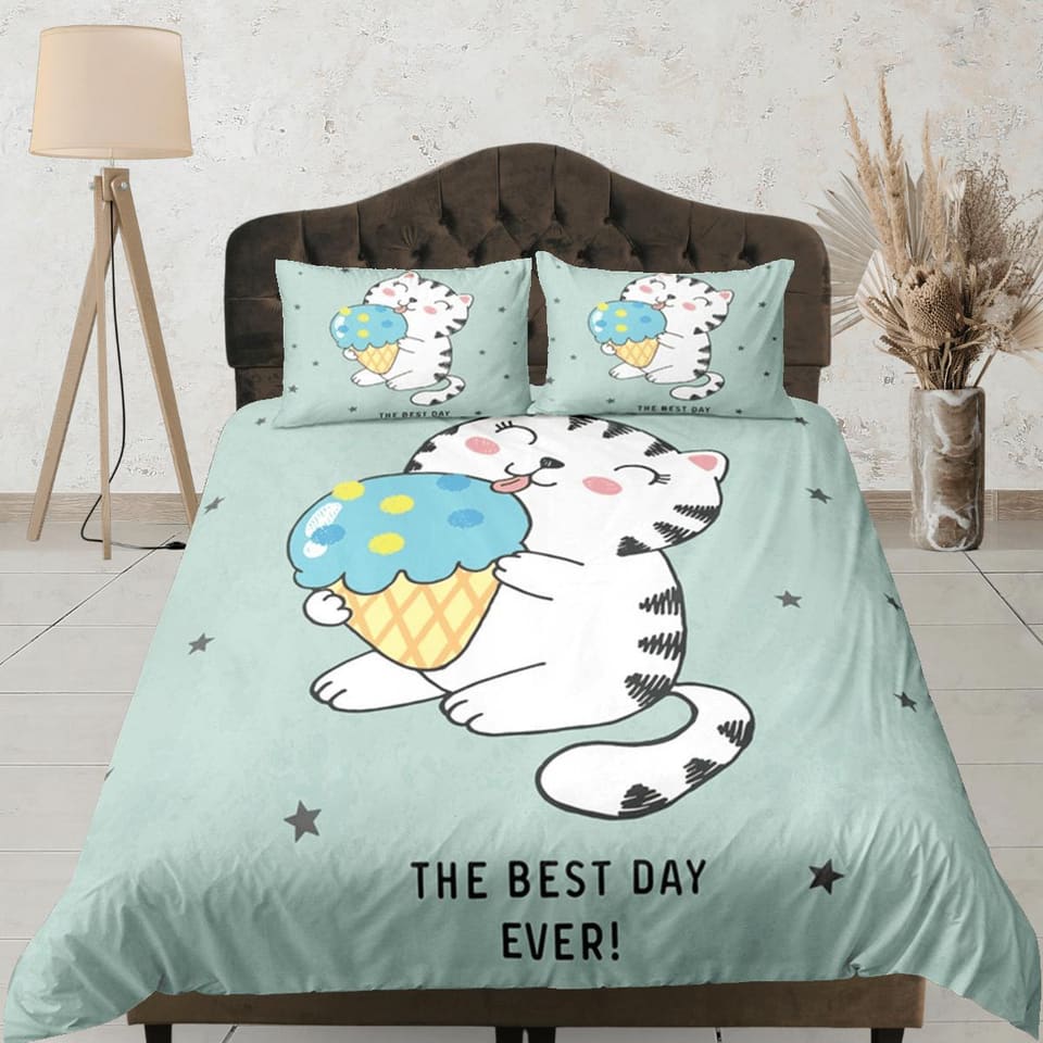Cute Cat Bedding Green, Neutral Gender Toddler Bedding, Kids Duvet Cover Set, Baby Bedding, Baby Shower Doona Cover up to…