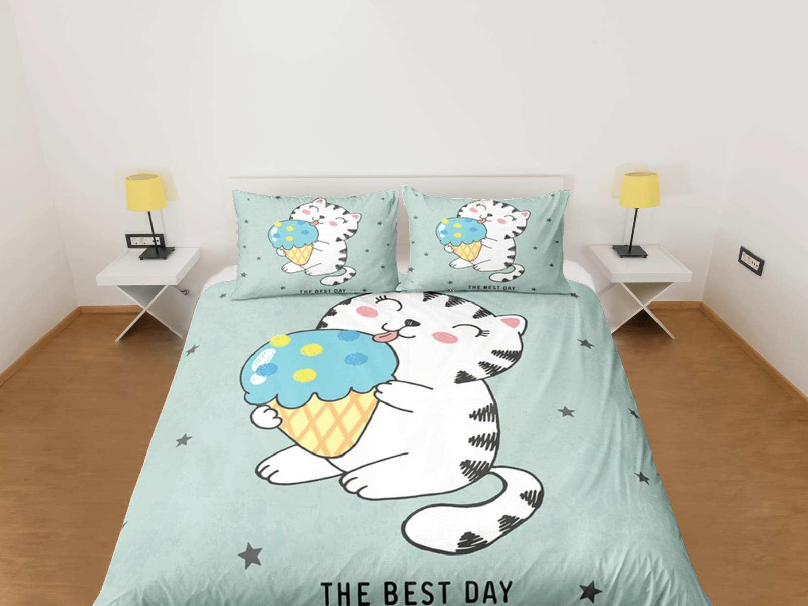Cute Cat Bedding Green, Neutral Gender Toddler Bedding, Kids Duvet Cover Set, Baby Bedding, Baby Shower Doona Cover up to…