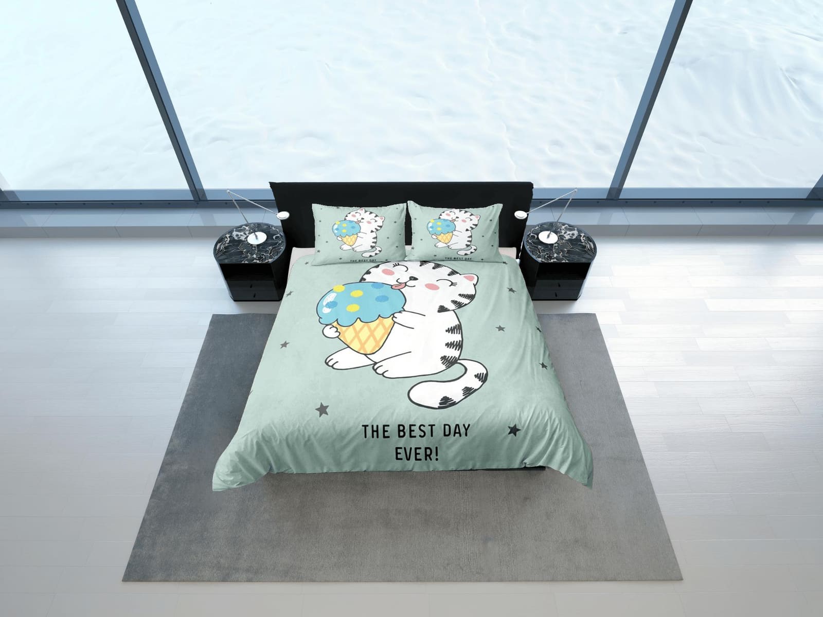 Cute Cat Bedding Green, Neutral Gender Toddler Bedding, Kids Duvet Cover Set, Baby Bedding, Baby Shower Doona Cover up to…