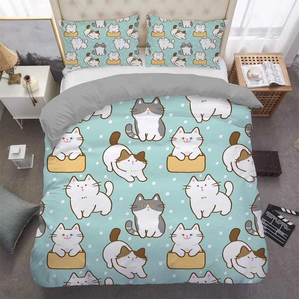 Cute cat bedding mint green, toddler bedding, kids duvet cover set, gift for cat lovers, baby bedding, baby shower gift, k…