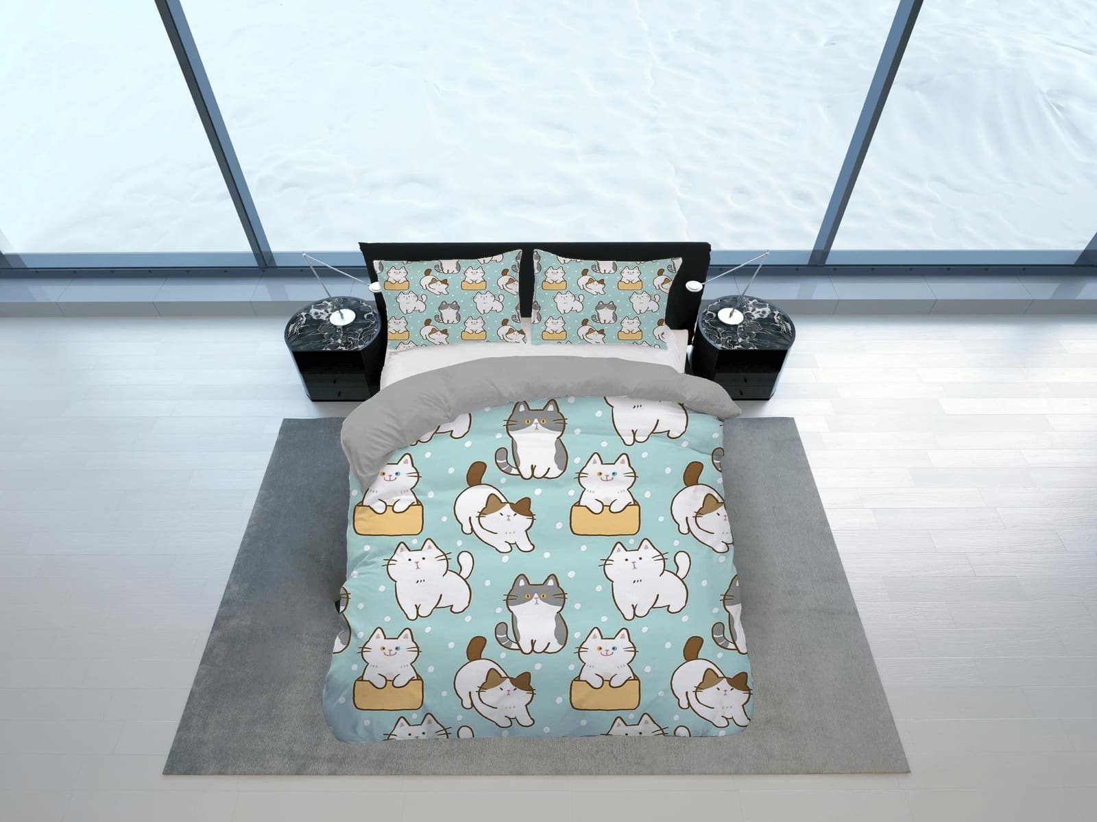Cute cat bedding mint green, toddler bedding, kids duvet cover set, gift for cat lovers, baby bedding, baby shower gift, k…