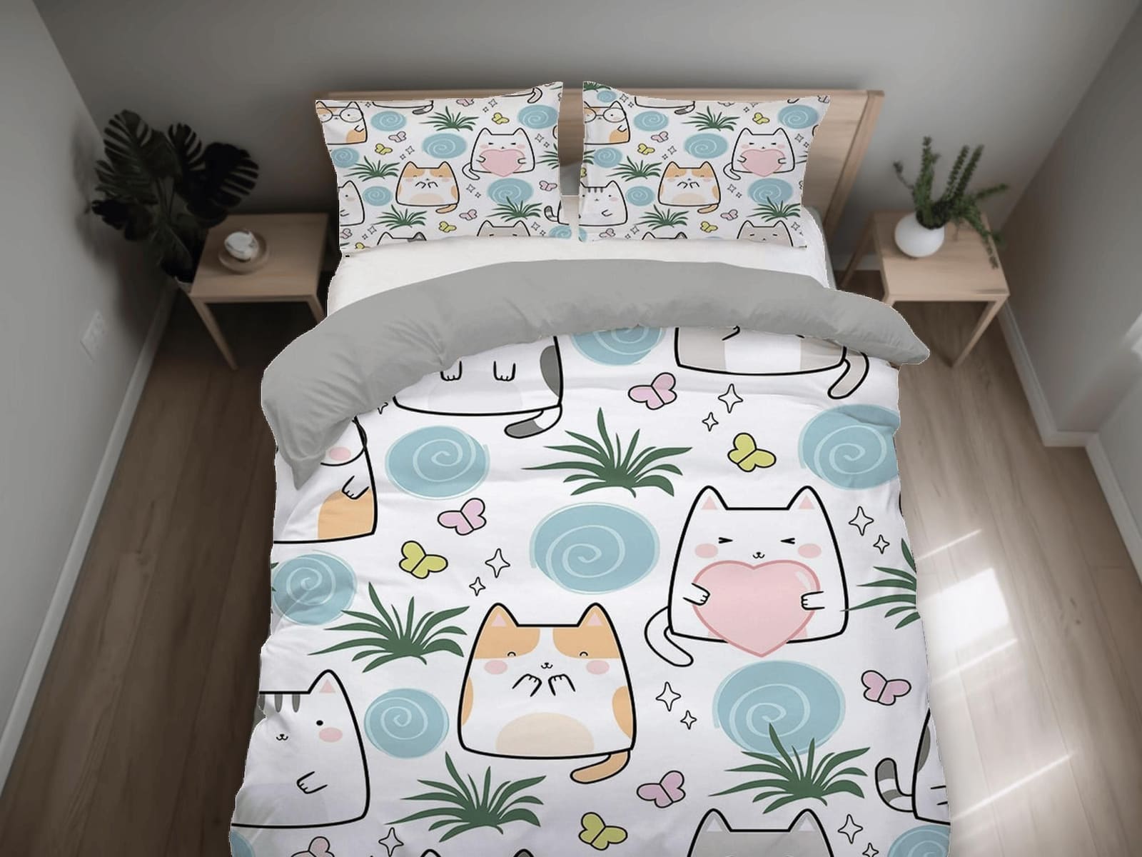 Cute cat bedding, toddler bedding, kids duvet cover set, gift for cat lovers, baby bedding, baby shower gift, kawaii funny…