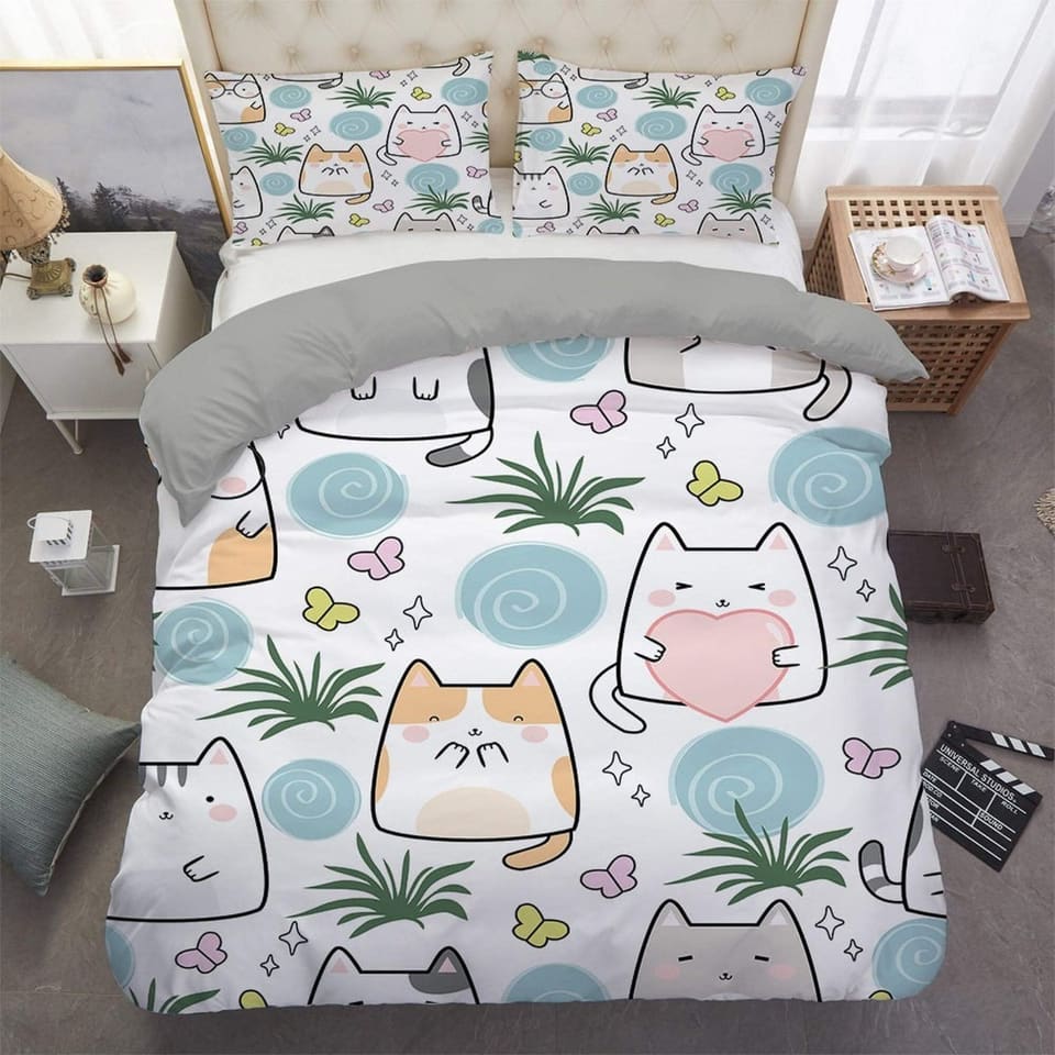 Cute cat bedding, toddler bedding, kids duvet cover set, gift for cat lovers, baby bedding, baby shower gift, kawaii funny…