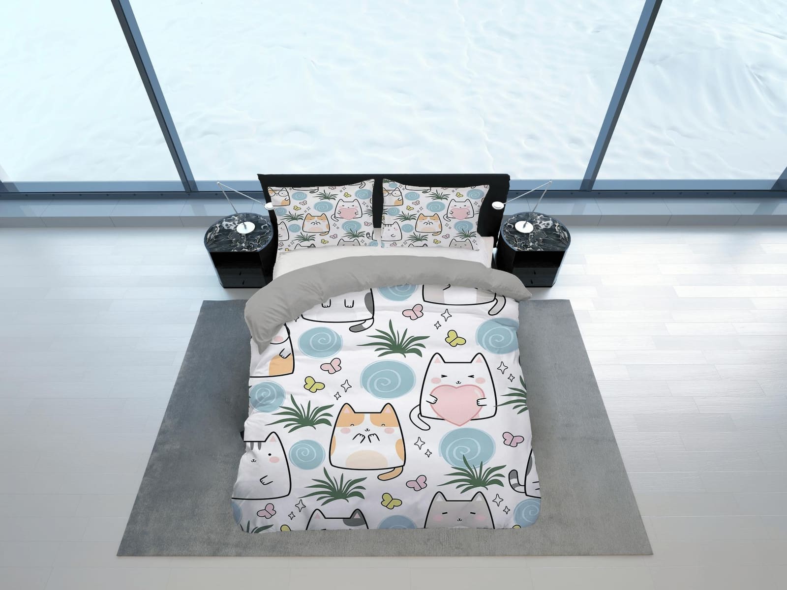 Cute cat bedding, toddler bedding, kids duvet cover set, gift for cat lovers, baby bedding, baby shower gift, kawaii funny…