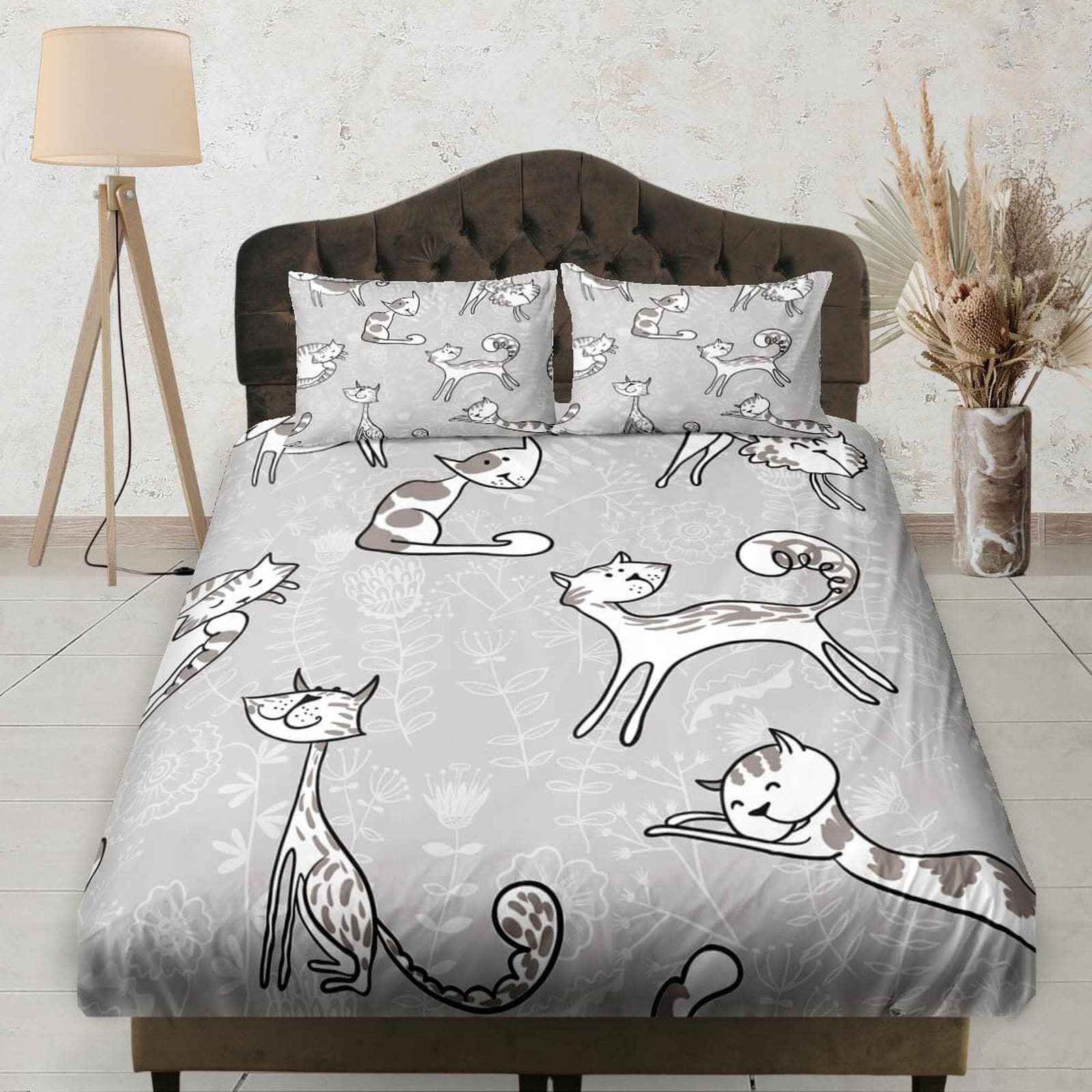 Cute Cats Floral Printed Grey Fitted Sheet Deep Pocket, Aesthetic Bedding Set Full, Elastic Bedsheet, Dorm Bedding, Crib S…