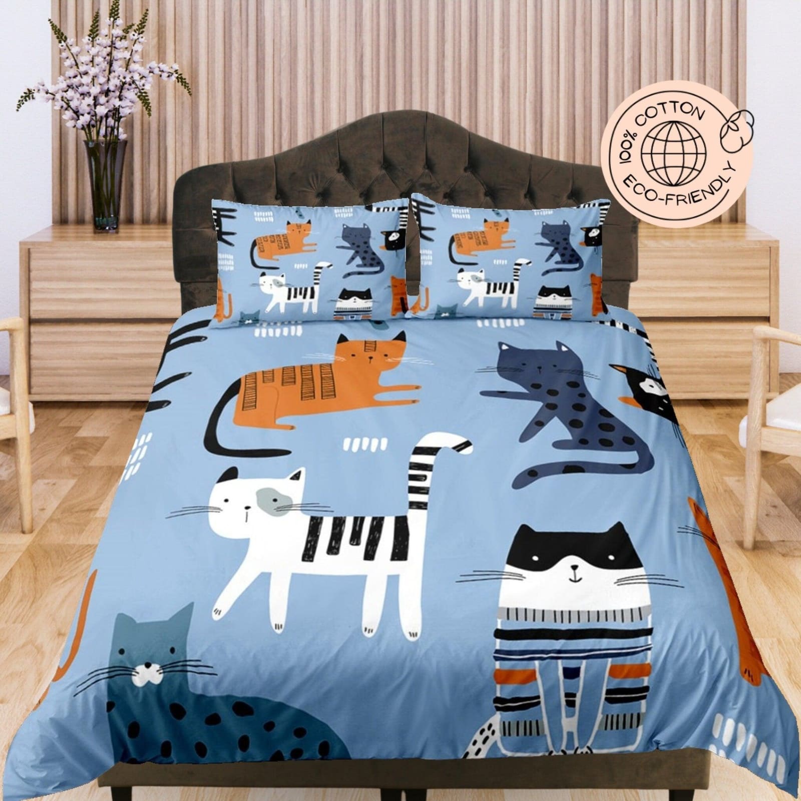 Cute Cats Relaxing, Blue Cotton Duvet Cover Set for Kids, Toddler Bedding, Baby Zipper Bedding, Nursery Cotton Bedding, Cr…