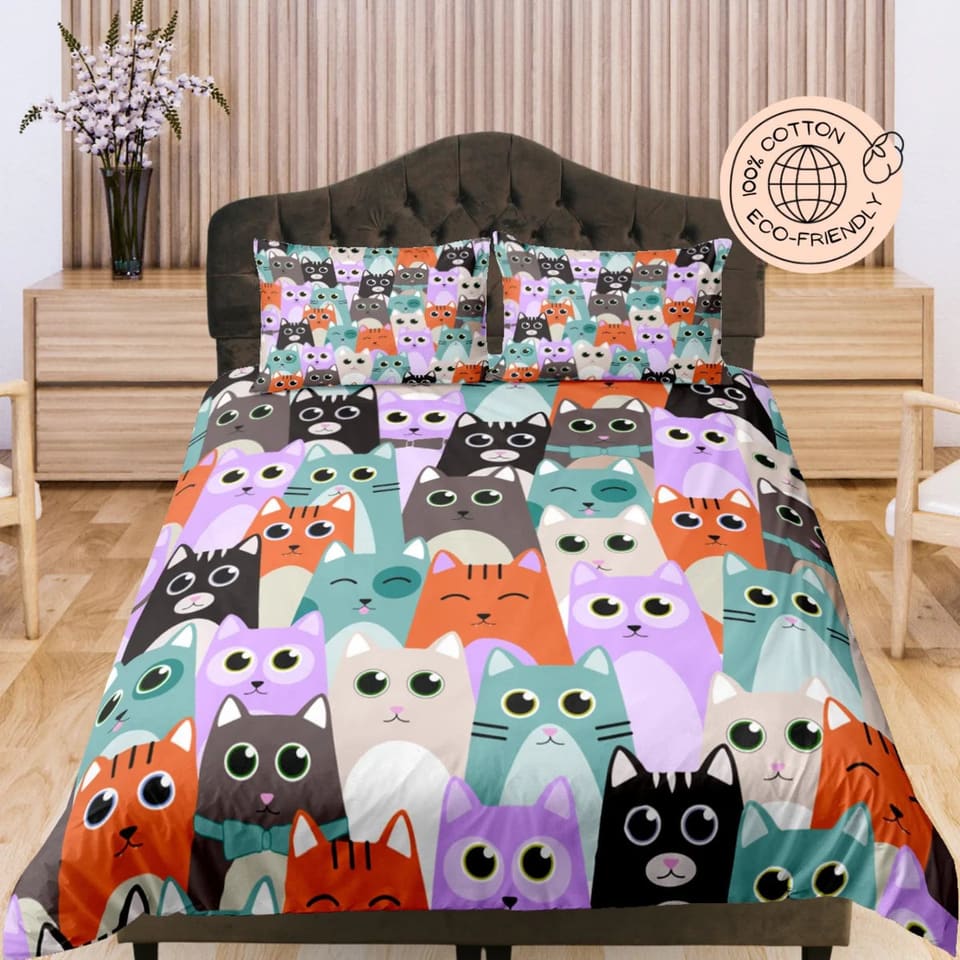 Cute Cats with Big Expressive Eyes, Cotton Duvet Cover Set for Kids, Toddler Bedding, Baby Zipper Bedding, Nursery Bedding…