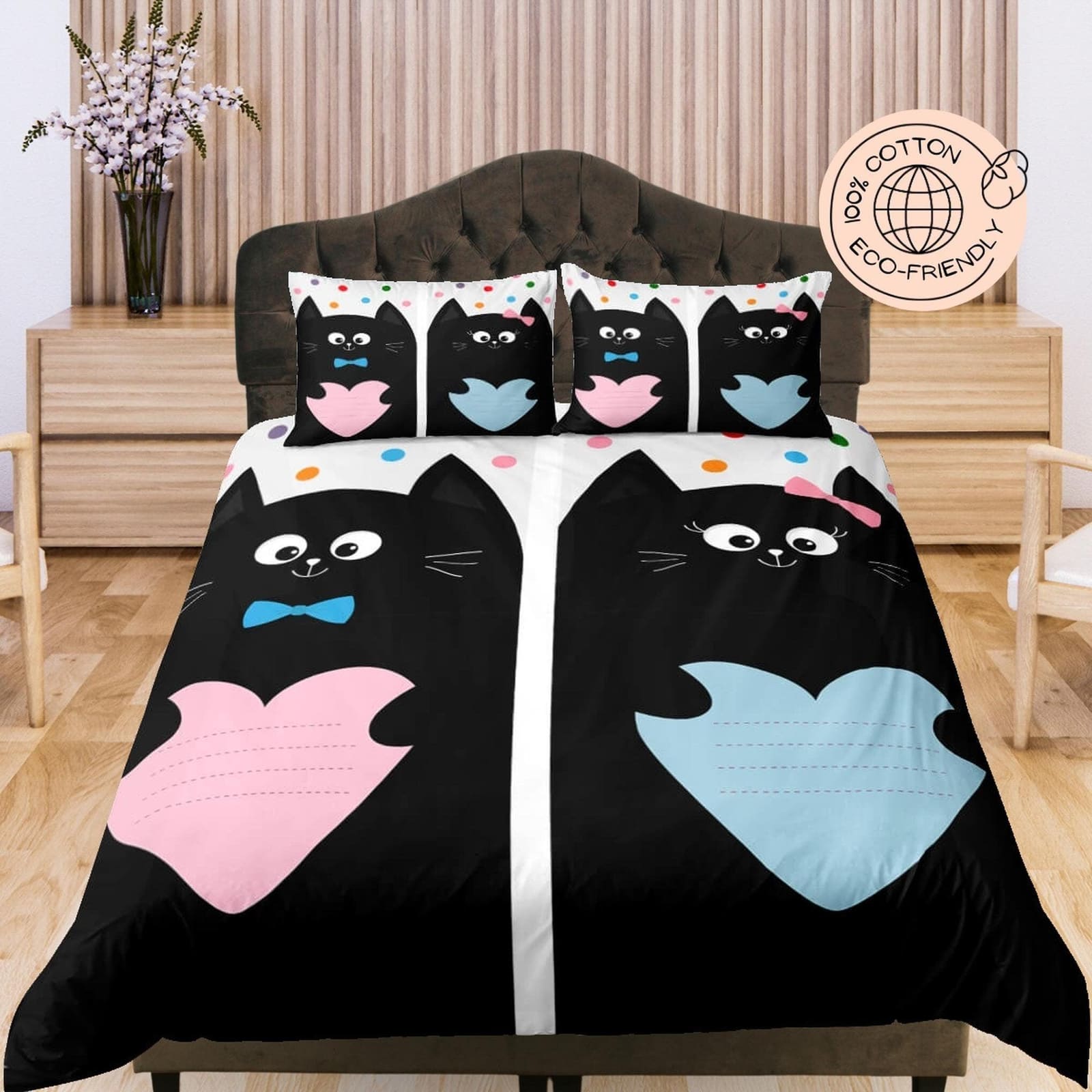 Cute Cats with Blue and Pink Hearts, Cotton Duvet Cover Set for Kids, Toddler Bedding, Baby Zipper Bedding, Nursery Beddin…