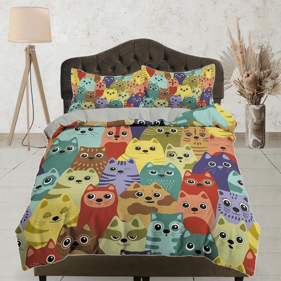Cute colorful cats toddler bedding, unique duvet cover for nursery kids, crib bedding pillowcase, baby zipper bedding, kin…