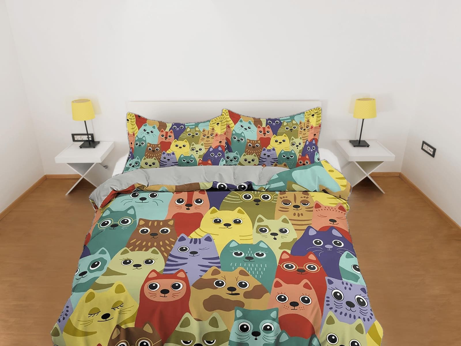 Cute colorful cats toddler bedding, unique duvet cover for nursery kids, crib bedding pillowcase, baby zipper bedding, kin…