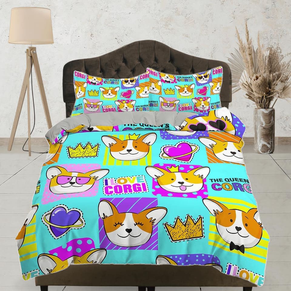 Cute corgi dog, colorful toddler bedding, unique duvet cover for nursery kids, neon crib bedding, baby zipper bedding, kin…