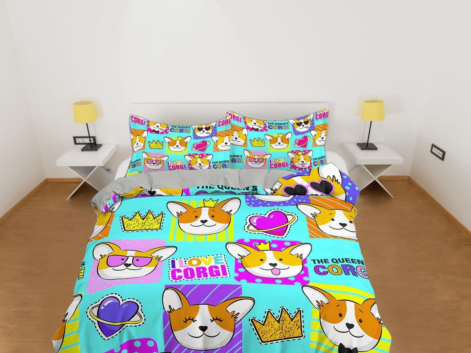 Cute corgi dog, colorful toddler bedding, unique duvet cover for nursery kids, neon crib bedding, baby zipper bedding, kin…