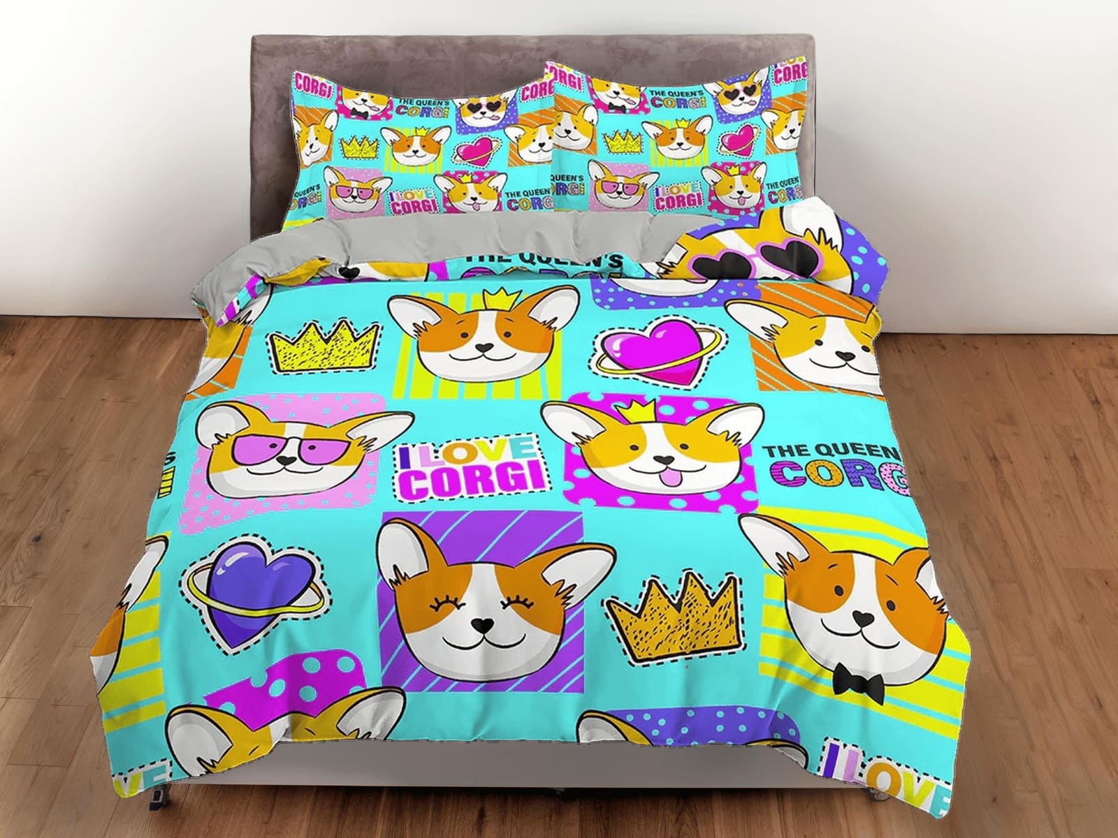 Cute corgi dog, colorful toddler bedding, unique duvet cover for nursery kids, neon crib bedding, baby zipper bedding, kin…