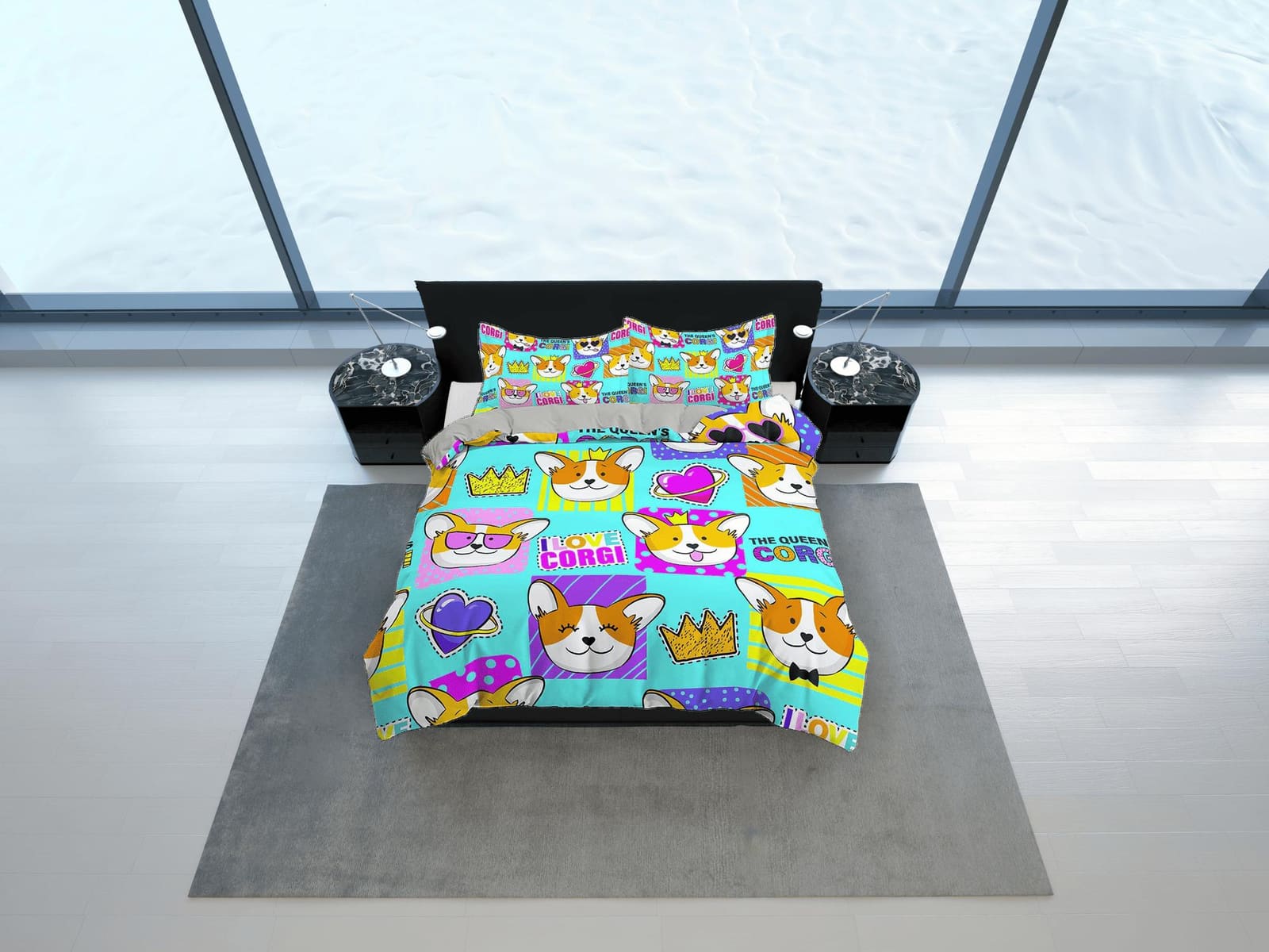 Cute corgi dog, colorful toddler bedding, unique duvet cover for nursery kids, neon crib bedding, baby zipper bedding, kin…