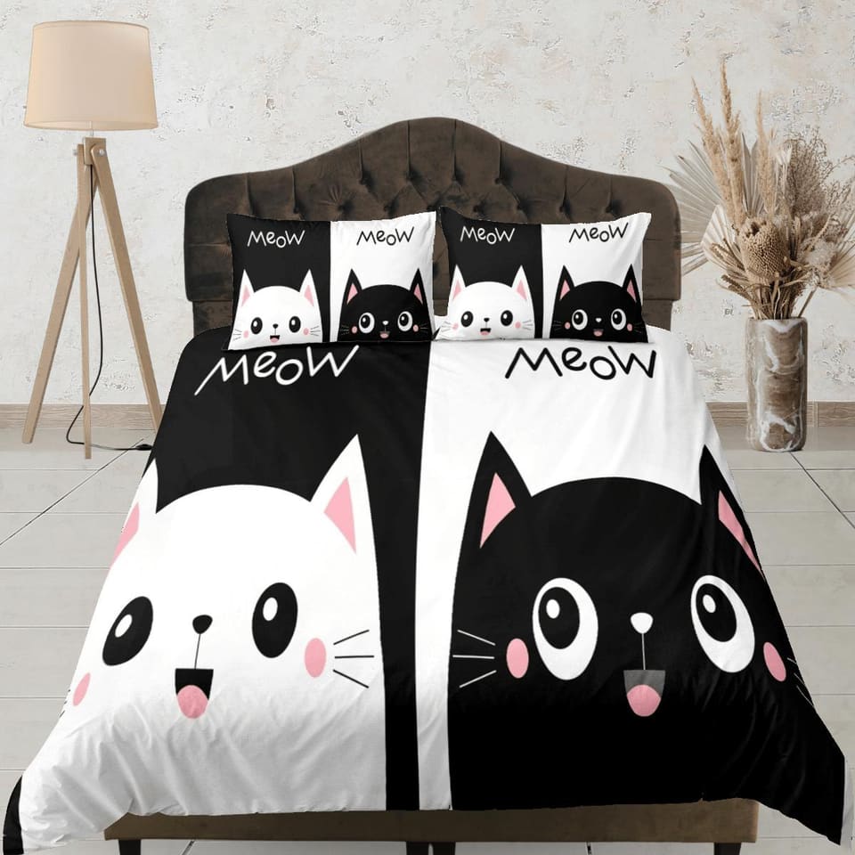 Cute couple cat bedding black and white, toddler bedding, kids duvet cover set, gift for cat lovers, baby bedding, baby sh…