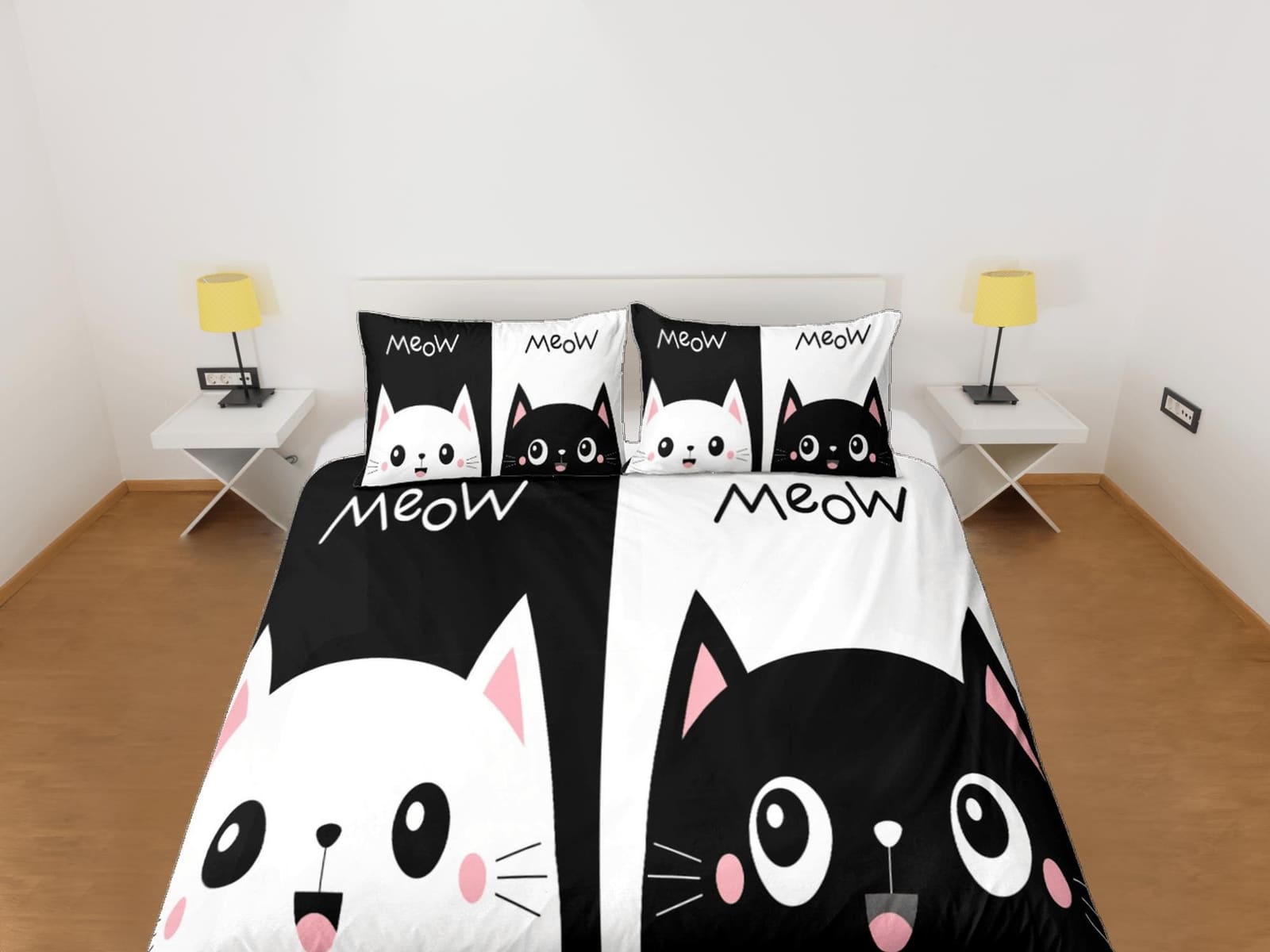 Cute couple cat bedding black and white, toddler bedding, kids duvet cover set, gift for cat lovers, baby bedding, baby sh…