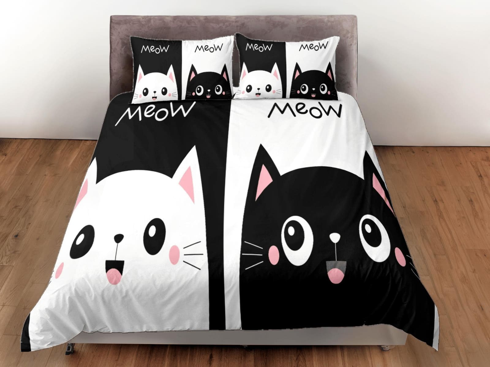 Cute couple cat bedding black and white, toddler bedding, kids duvet cover set, gift for cat lovers, baby bedding, baby sh…