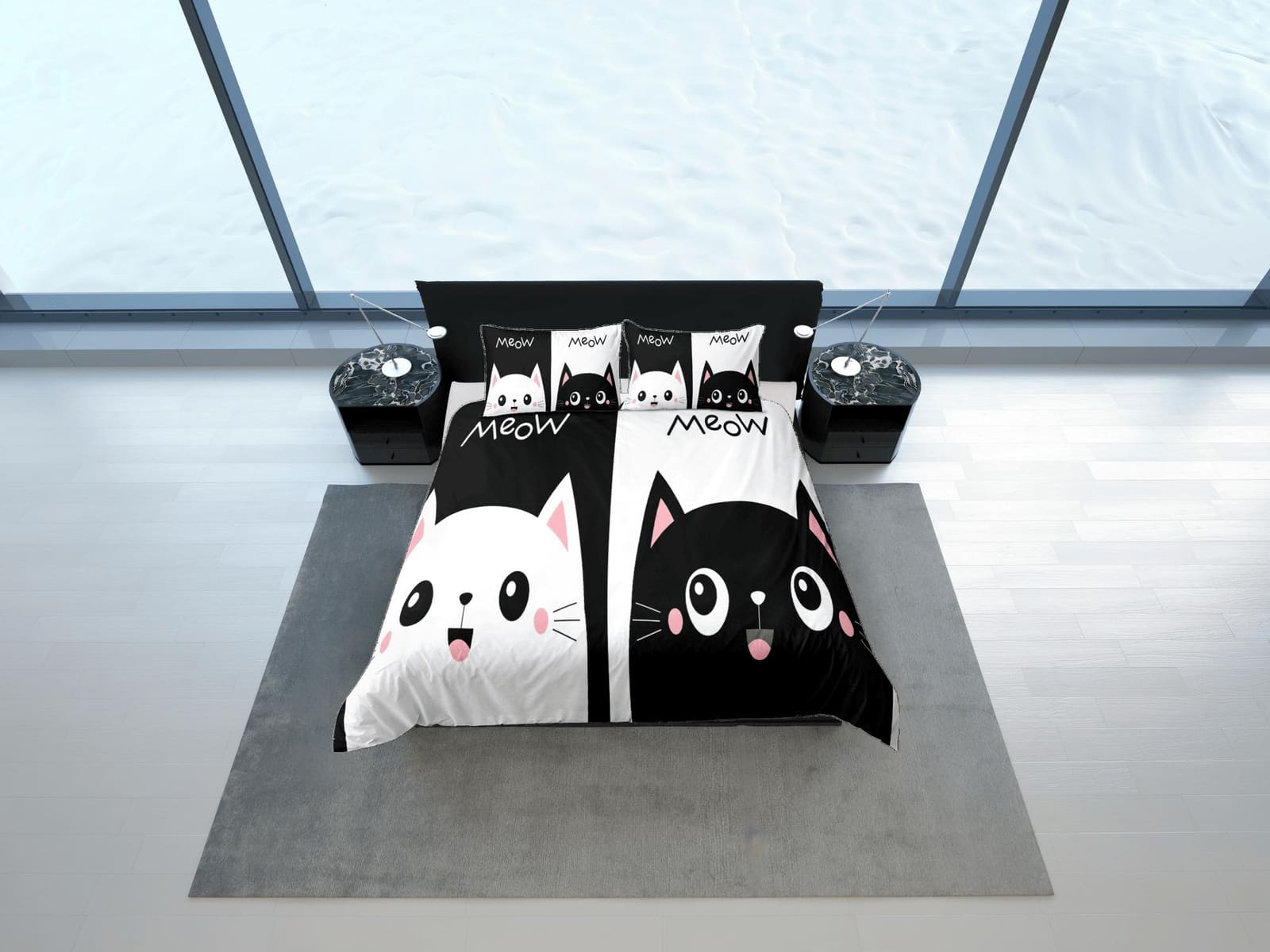 Cute couple cat bedding black and white, toddler bedding, kids duvet cover set, gift for cat lovers, baby bedding, baby sh…