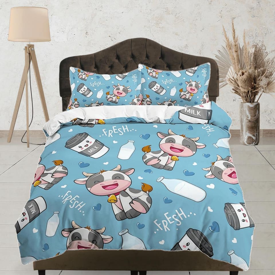 Cute Cow Blue Bedding, Duvet Cover Set & Pillowcase, Zipper Bedding, Dorm Bedding, Teens Adult Duvet King Queen Full Twin…