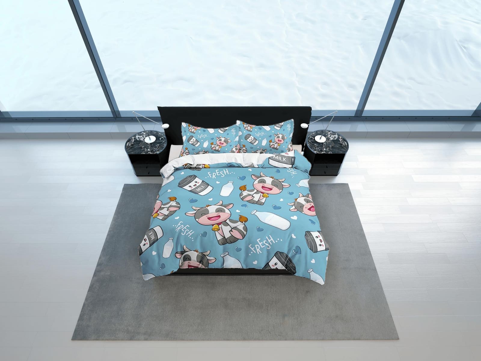 Cute Cow Blue Bedding, Duvet Cover Set & Pillowcase, Zipper Bedding, Dorm Bedding, Teens Adult Duvet King Queen Full Twin…