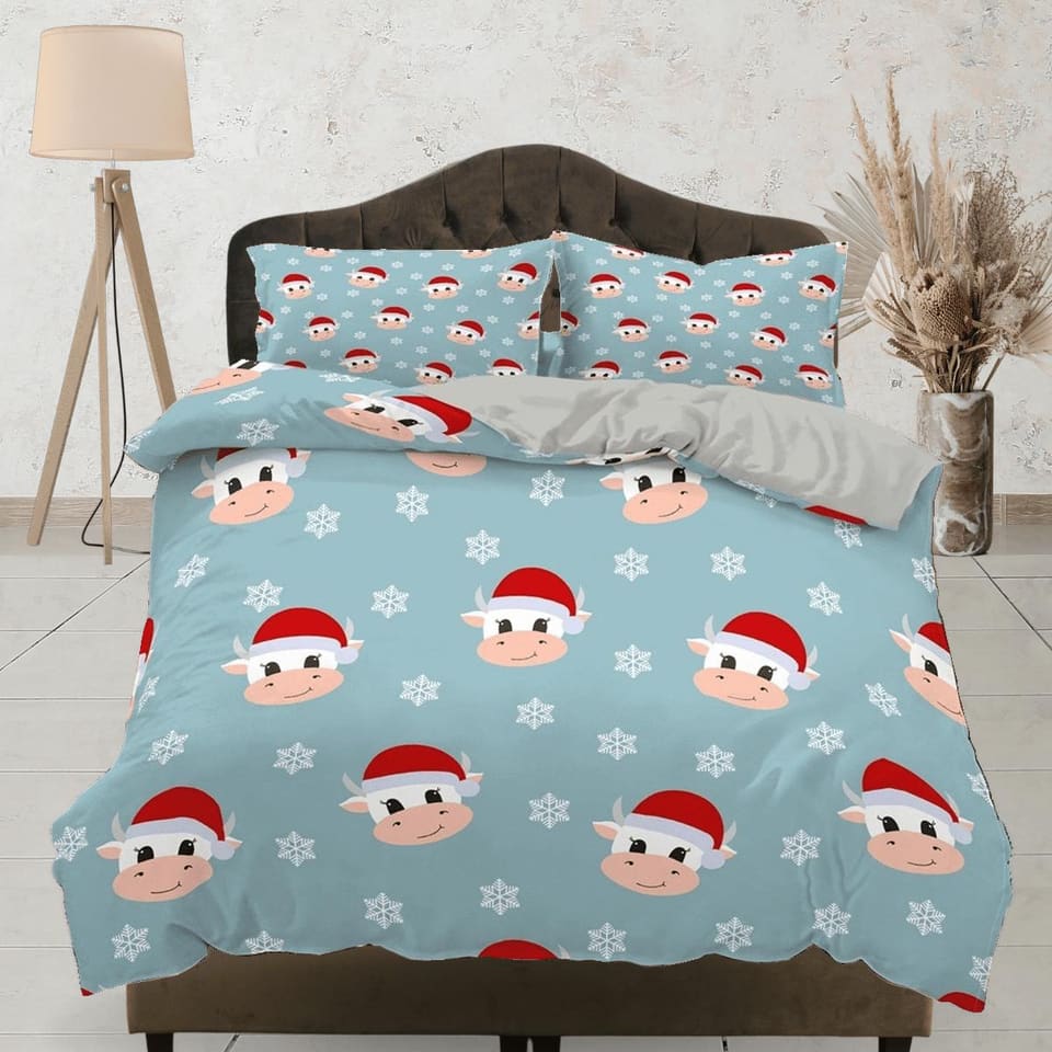 Cute Cow Christmas bedding & pillowcase holiday gift blue duvet cover king queen full twin toddler bedding baby Christmas…