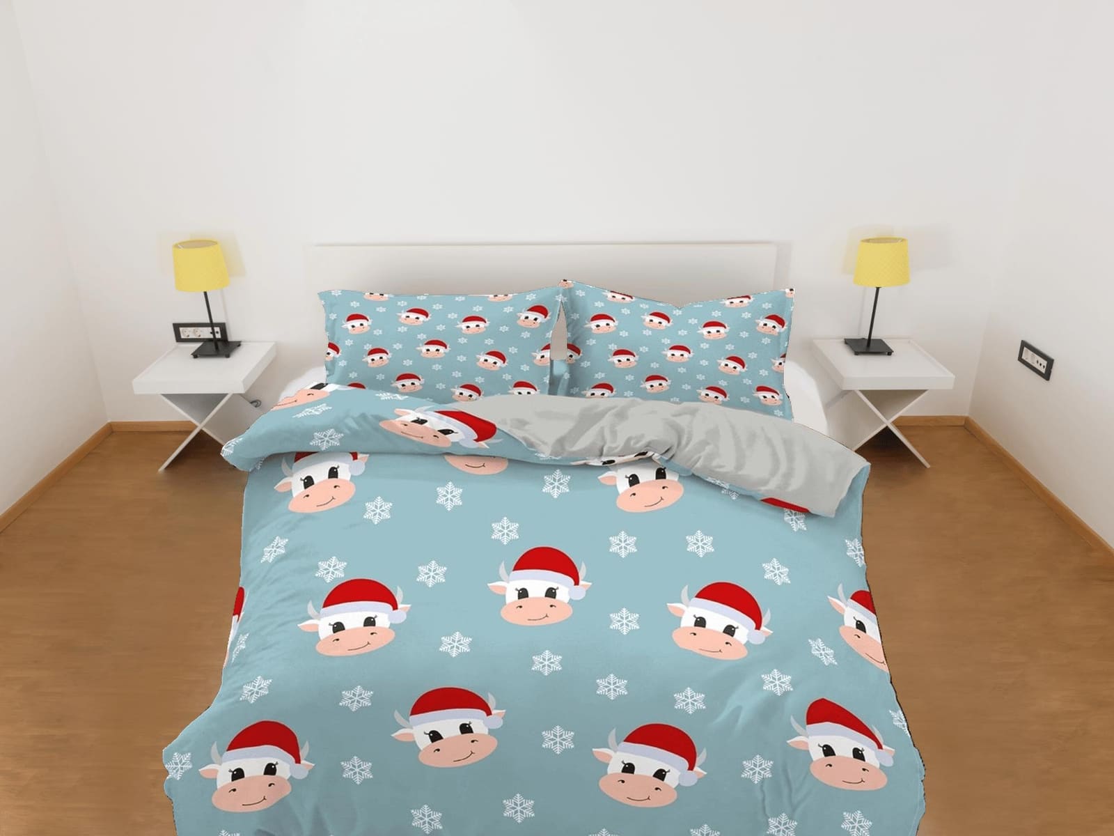 Cute Cow Christmas bedding & pillowcase holiday gift blue duvet cover king queen full twin toddler bedding baby Christmas…
