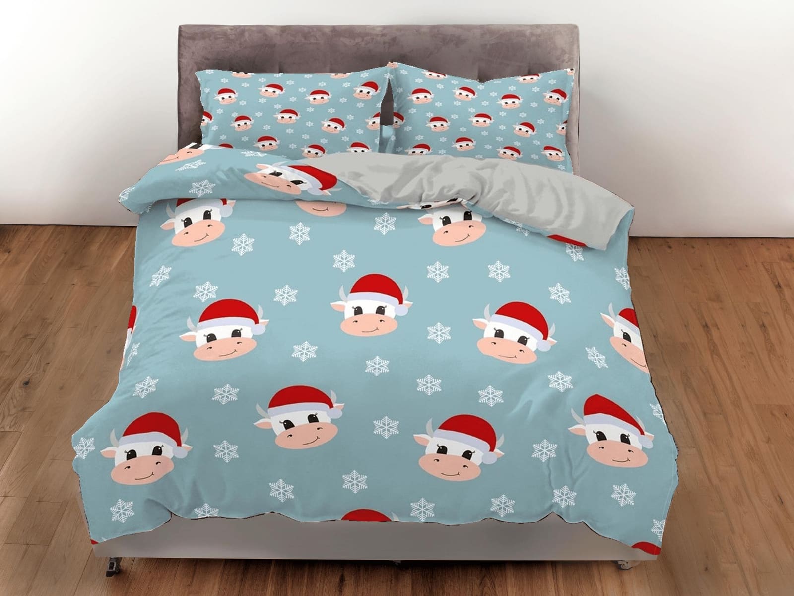 Cute Cow Christmas bedding & pillowcase holiday gift blue duvet cover king queen full twin toddler bedding baby Christmas…