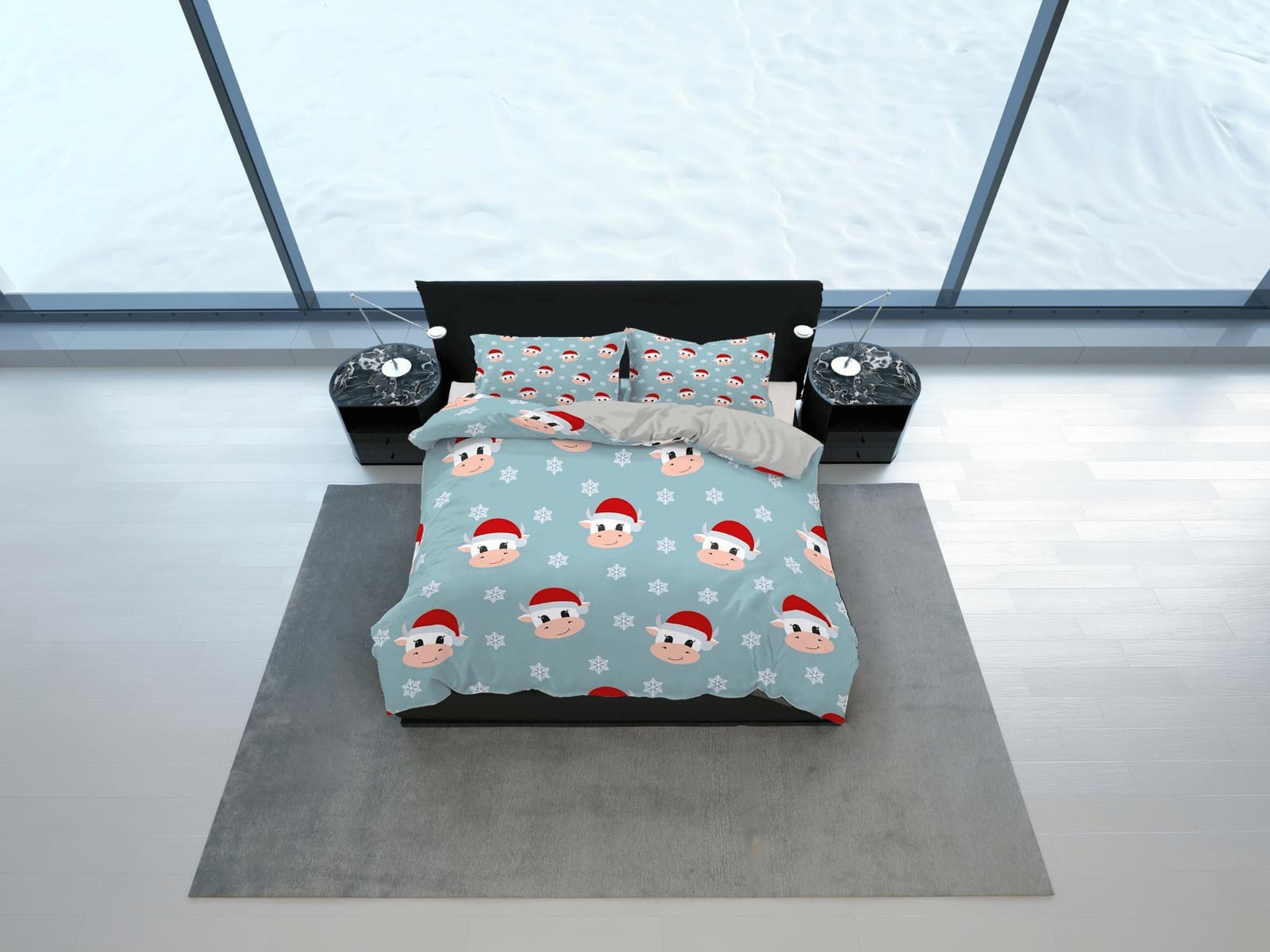Cute Cow Christmas bedding & pillowcase holiday gift blue duvet cover king queen full twin toddler bedding baby Christmas…