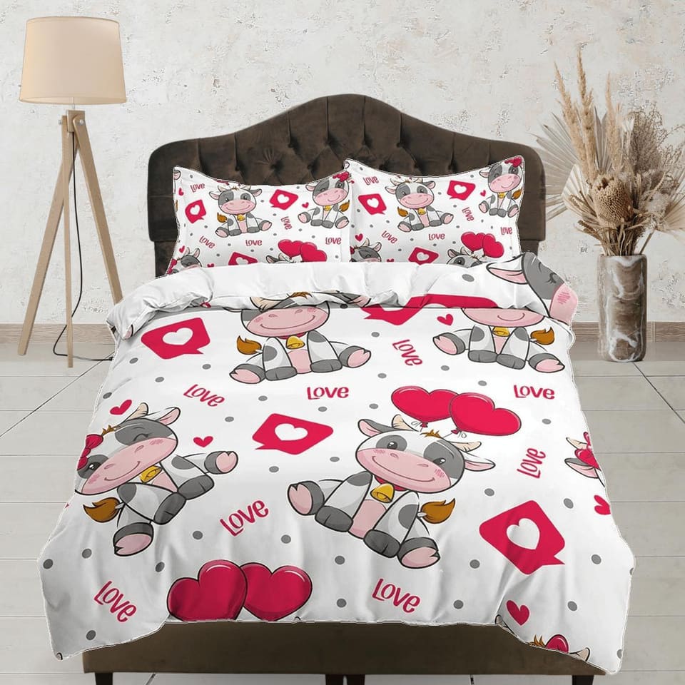 Cute Cow in Love Colorful Bedding, Duvet Cover Set & Pillowcase, Zipper Bedding, Dorm Bedding, Teens Adult Duvet King Quee…