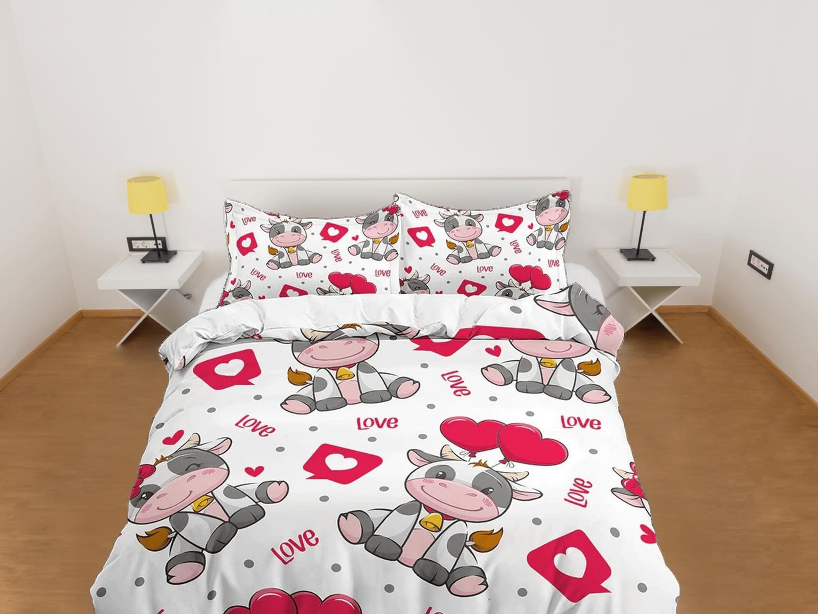 Cute Cow in Love Colorful Bedding, Duvet Cover Set & Pillowcase, Zipper Bedding, Dorm Bedding, Teens Adult Duvet King Quee…