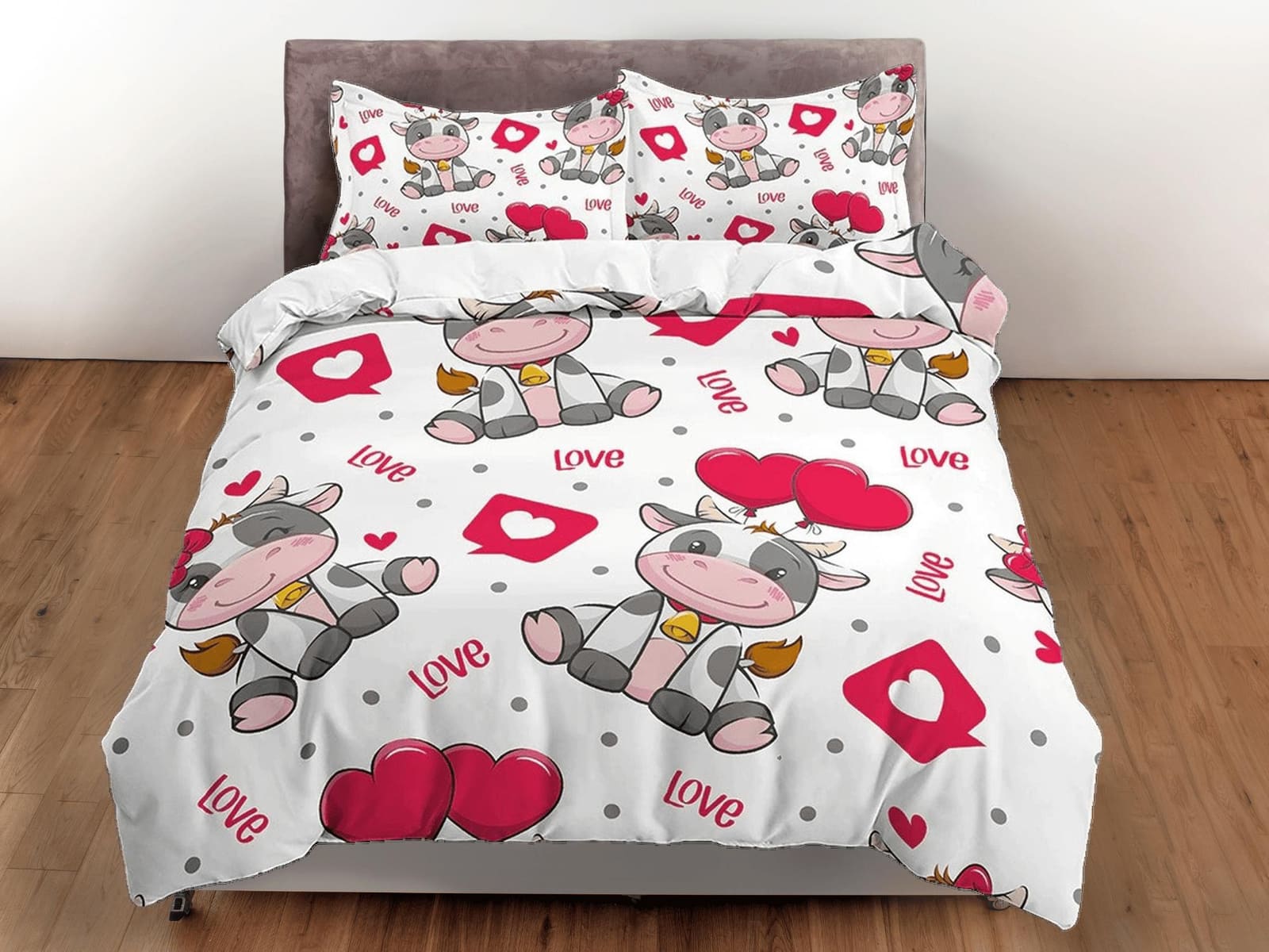Cute Cow in Love Colorful Bedding, Duvet Cover Set & Pillowcase, Zipper Bedding, Dorm Bedding, Teens Adult Duvet King Quee…