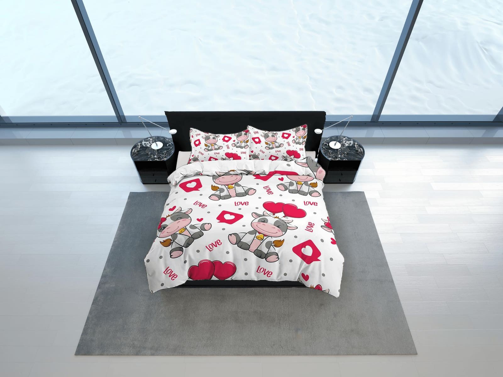 Cute Cow in Love Colorful Bedding, Duvet Cover Set & Pillowcase, Zipper Bedding, Dorm Bedding, Teens Adult Duvet King Quee…